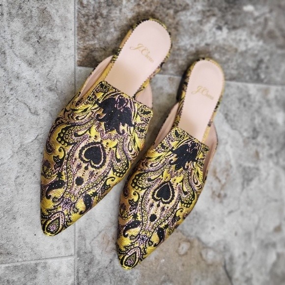 J. Crew Shoes - J.Crew Marina Brocade Pointed Toe Slip On Flat Slide Metallic Gold Shoes